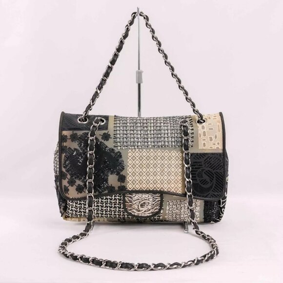 Authentic CHANEL PVC Tweed Patchwork Jumbo Single Flap Black - Picture 2 of 16